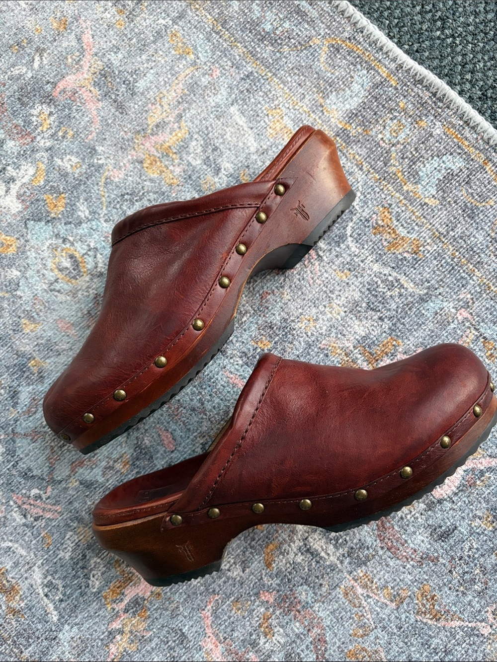 Frye Women's Cognac Leather Studded Clog Mules
